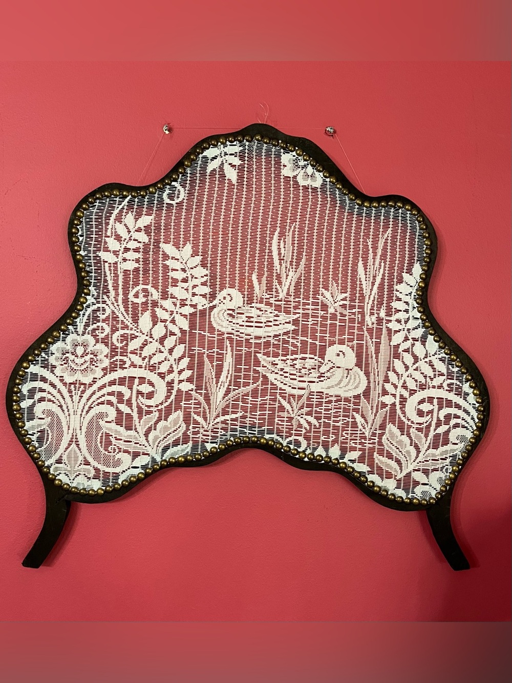 VTG Dutch Lace Window Screen/Decorative Panel w Duck Pond Scene Lace Pattern
